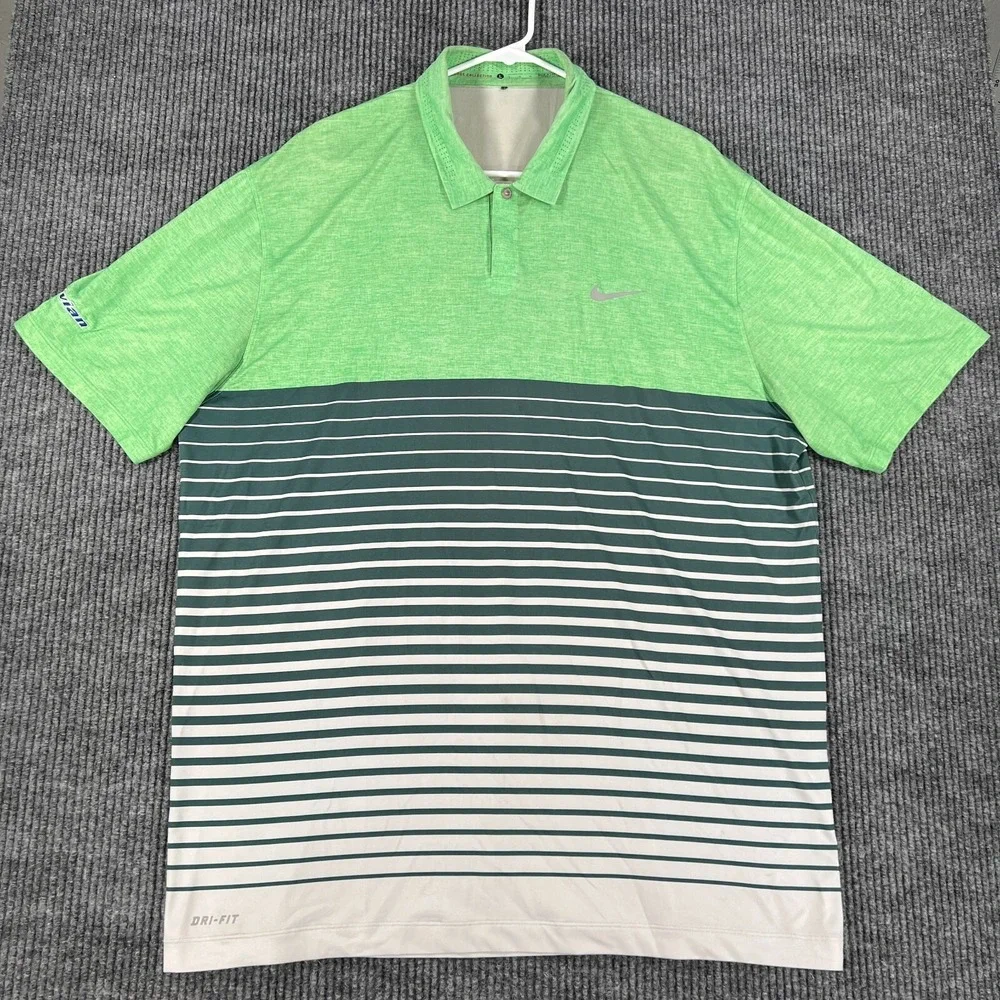 Nike‎ Tiger Woods Polo Mens Large Green Striped Short Sleeve Golf Outdoor